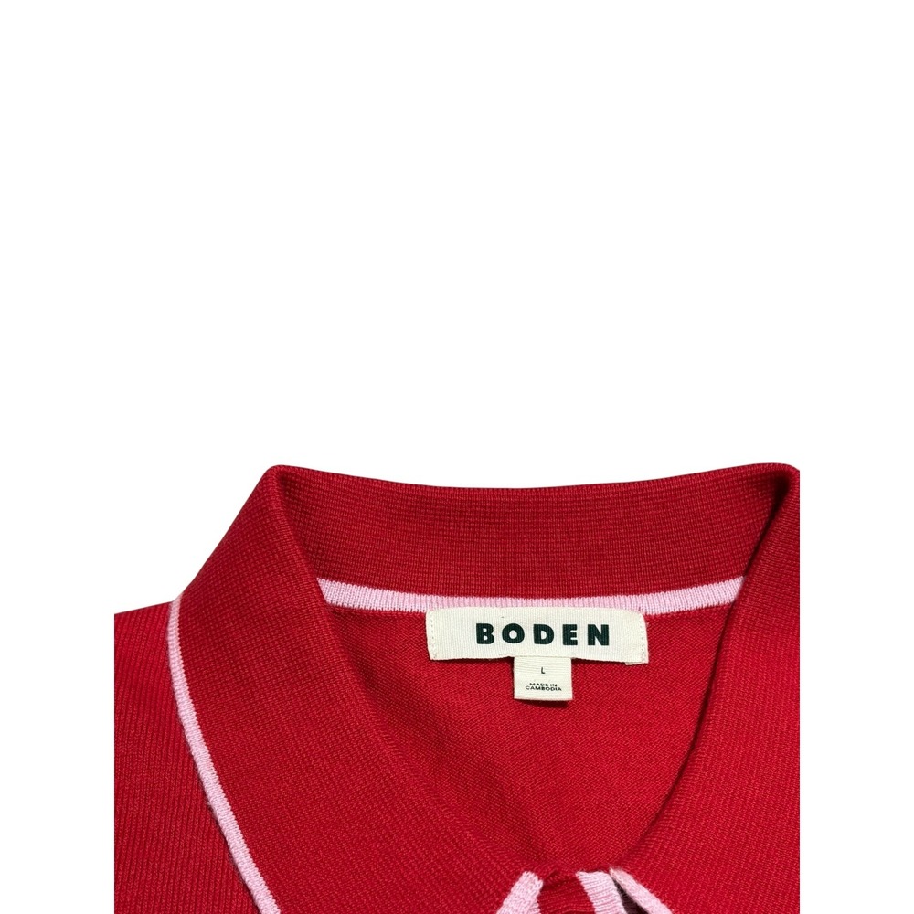 Boden Red Pink Trim Collared Knit Sweater Large Cotton Wool Blend Preppy Top - Picture 8 of 9